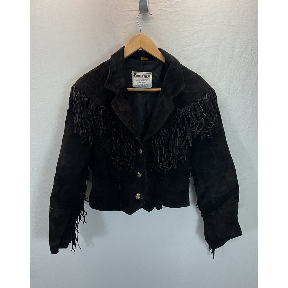 VTG Pioneer Wear Black Suede Leather Fringe 3 Button Short Jacket Western 8